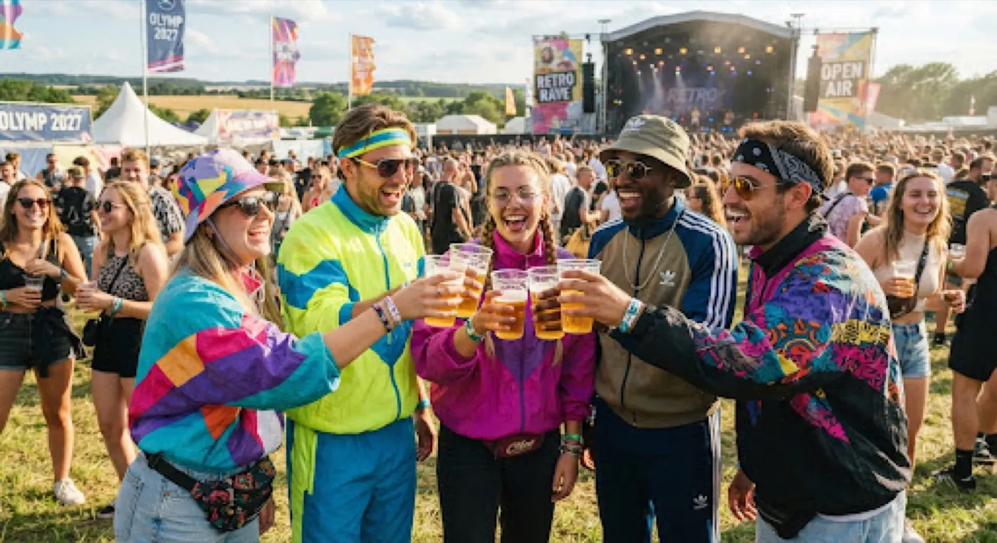 Freunde im 90er-Outfit stoßen auf einer Festivalwiese an